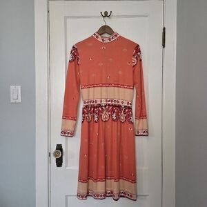 Vintage 1970s Paganne Dress by Gene Berk – Size 14 / M – Coral Floral